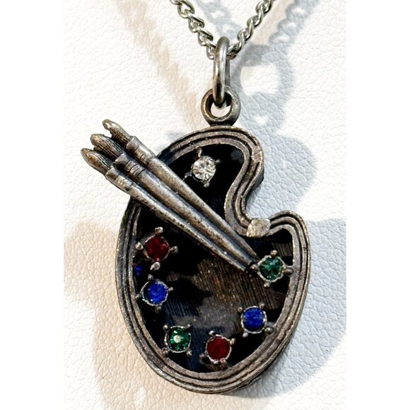 Vintage House of Borvani Painter Palette Rhinestone Silver Tone Pendant Necklace - Picture 1 of 4
